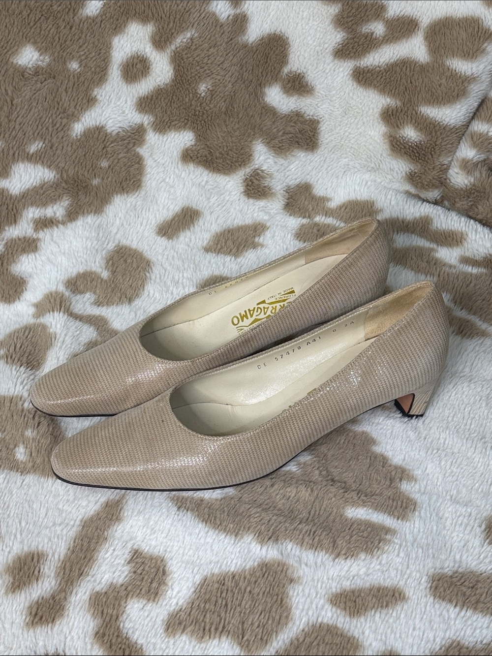 Salvatore Ferragamo Taupe Textured Low Heel Pumps